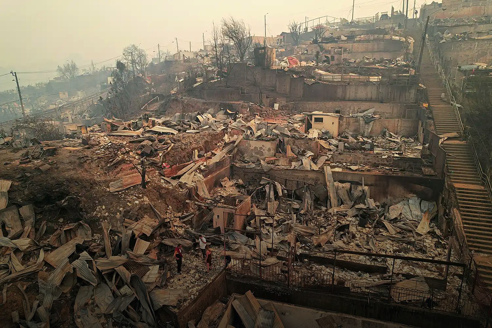 Aerial view of burned residential buildings after a wildfire